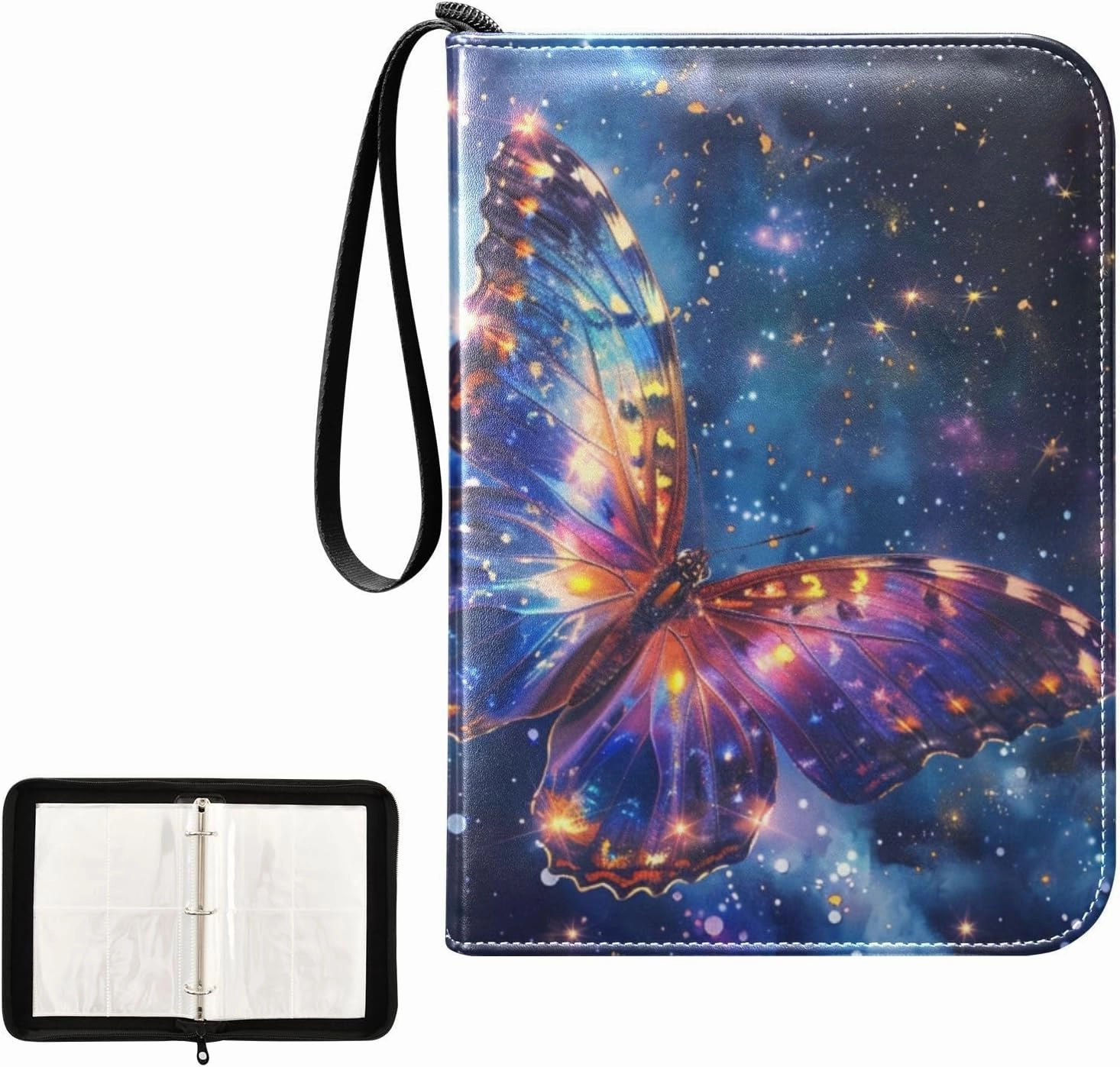 4 Pockets Trading Card Album Holder Book Folder Sports Card Binder Butterfly Starry Sky 400 Double Side Pockets for 3 Ring Binder Zipper