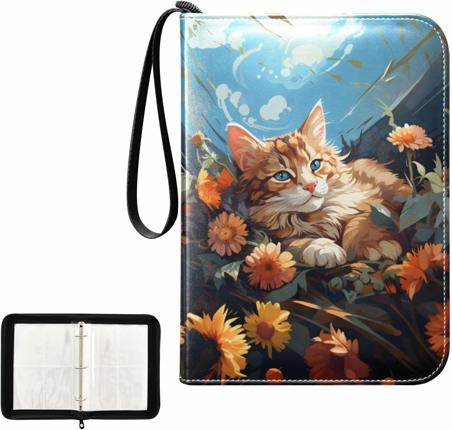 4 Pockets Trading Card Album Holder Book Folder Sports Card Binder Cat on Flowers 400 Double Side Pockets for 3 Ring Binder Zipper