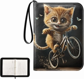 4 Pockets Trading Card Album Holder Book Folder Sports Card Binder Cat Riding Bicycle 400 Double Side Pockets for 3 Ring Binder Zipper
