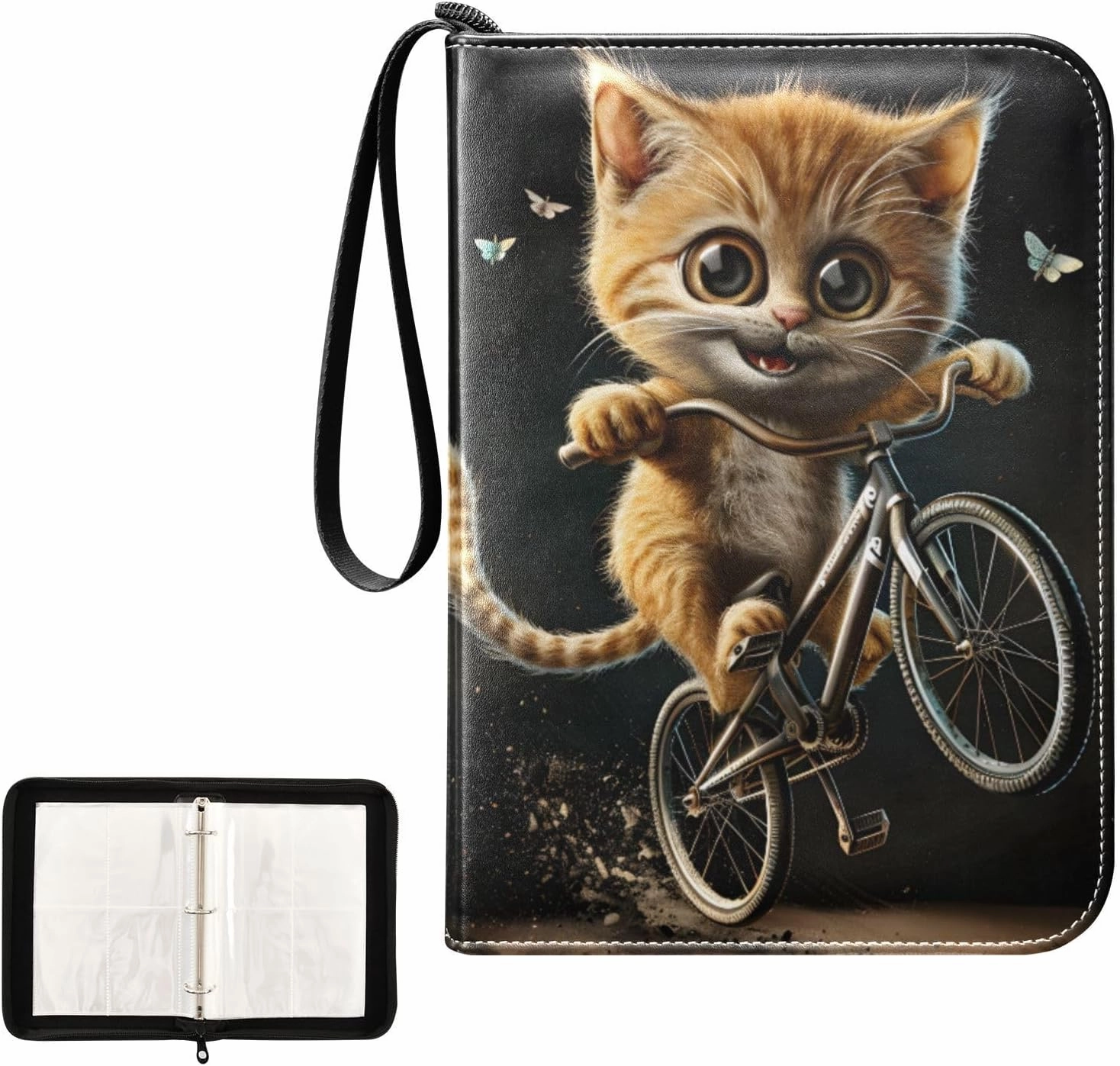 4 Pockets Trading Card Album Holder Book Folder Sports Card Binder Cat Riding Bicycle 400 Double Side Pockets for 3 Ring Binder Zipper