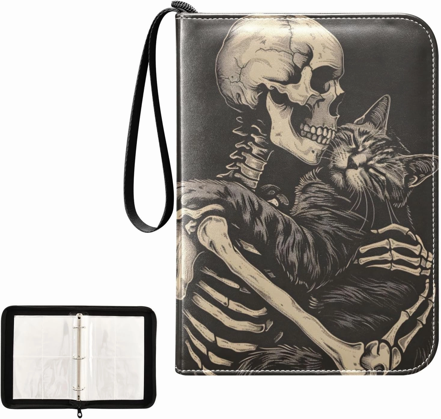 4 Pockets Trading Card Album Holder Book Folder Sports Card Binder Cat Skeleton 400 Double Side Pockets for 3 Ring Binder Zipper