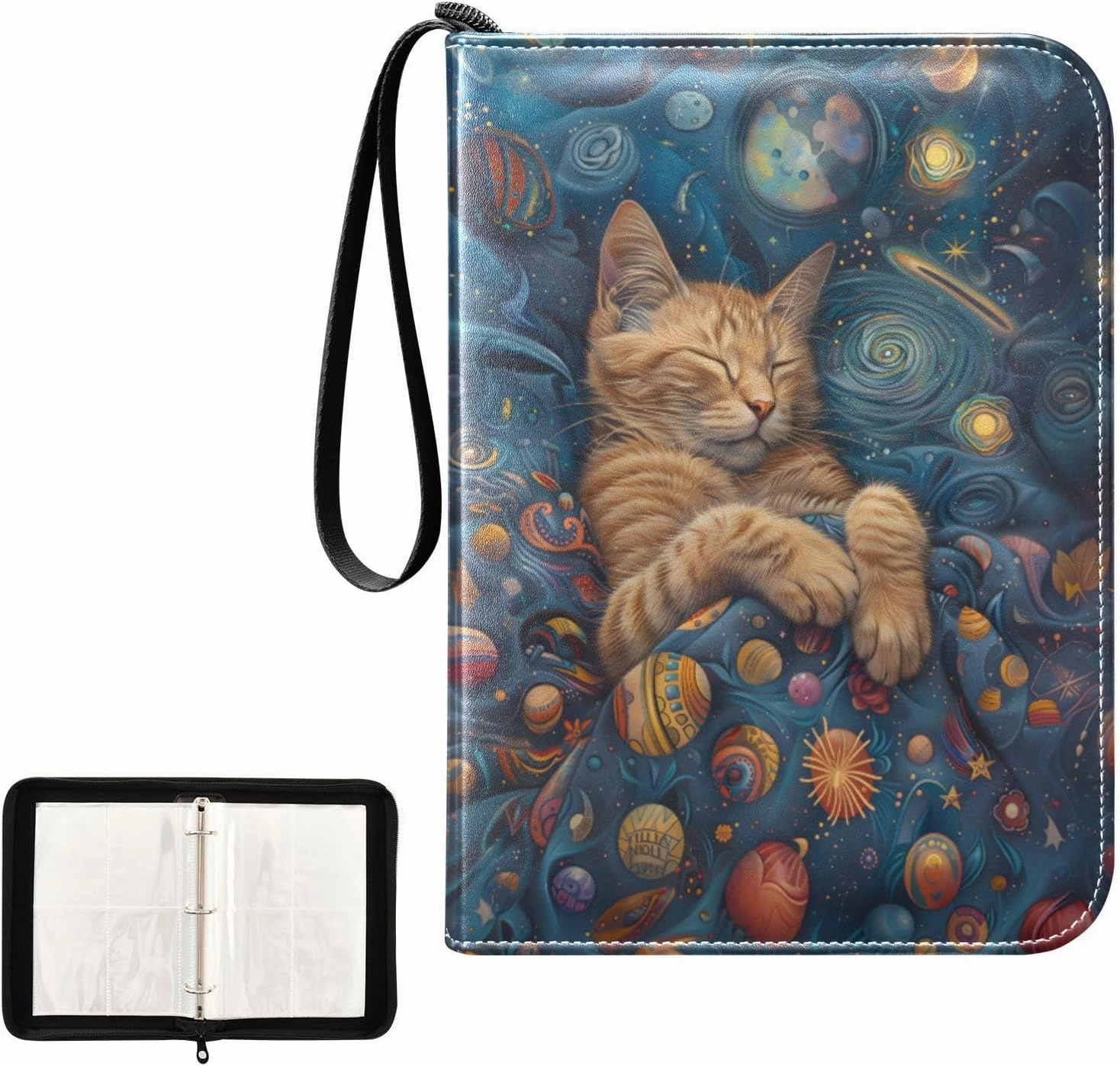 4 Pockets Trading Card Album Holder Book Folder Sports Card Binder Cat Sleep 400 Double Side Pockets for 3 Ring Binder Zipper
