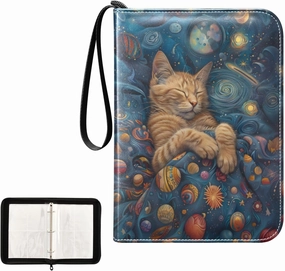 4 Pockets Trading Card Album Holder Book Folder Sports Card Binder Cat Sleep 400 Double Side Pockets for 3 Ring Binder Zipper