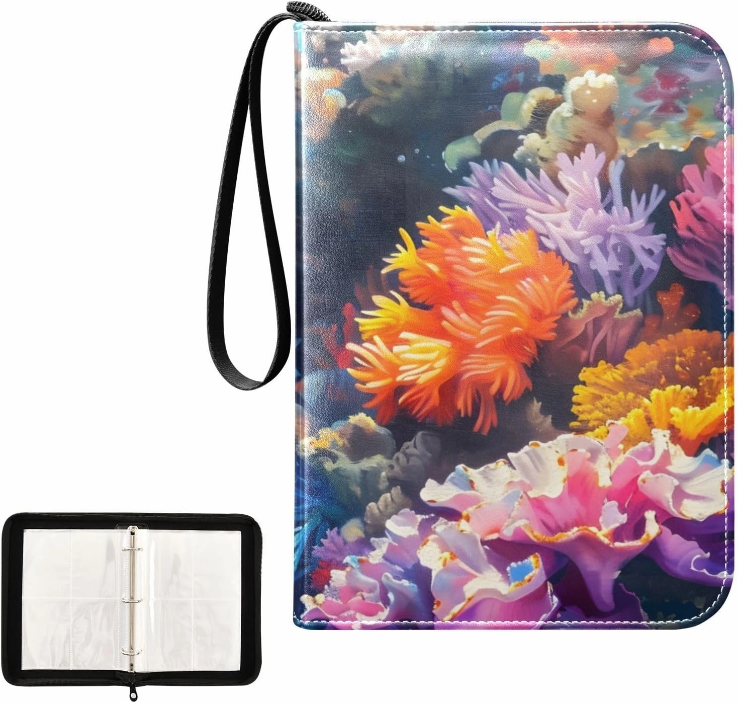 4 Pockets Trading Card Album Holder Book Folder Sports Card Binder Corals under The Sea 400 Double Side Pockets for 3 Ring Binder Zipper