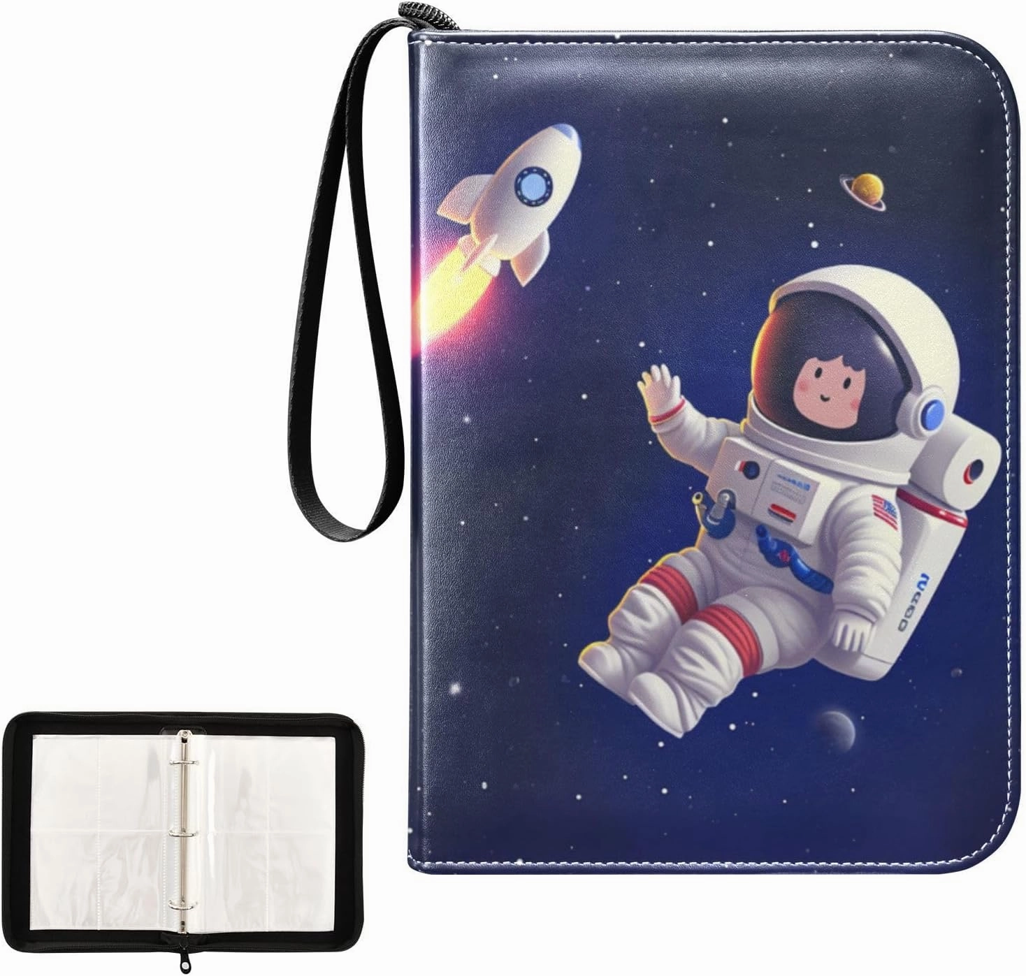 4 Pockets Trading Card Album Holder Book Folder Sports Card Binder Cute Astronaut 400 Double Side Pockets for 3 Ring Binder Zipper