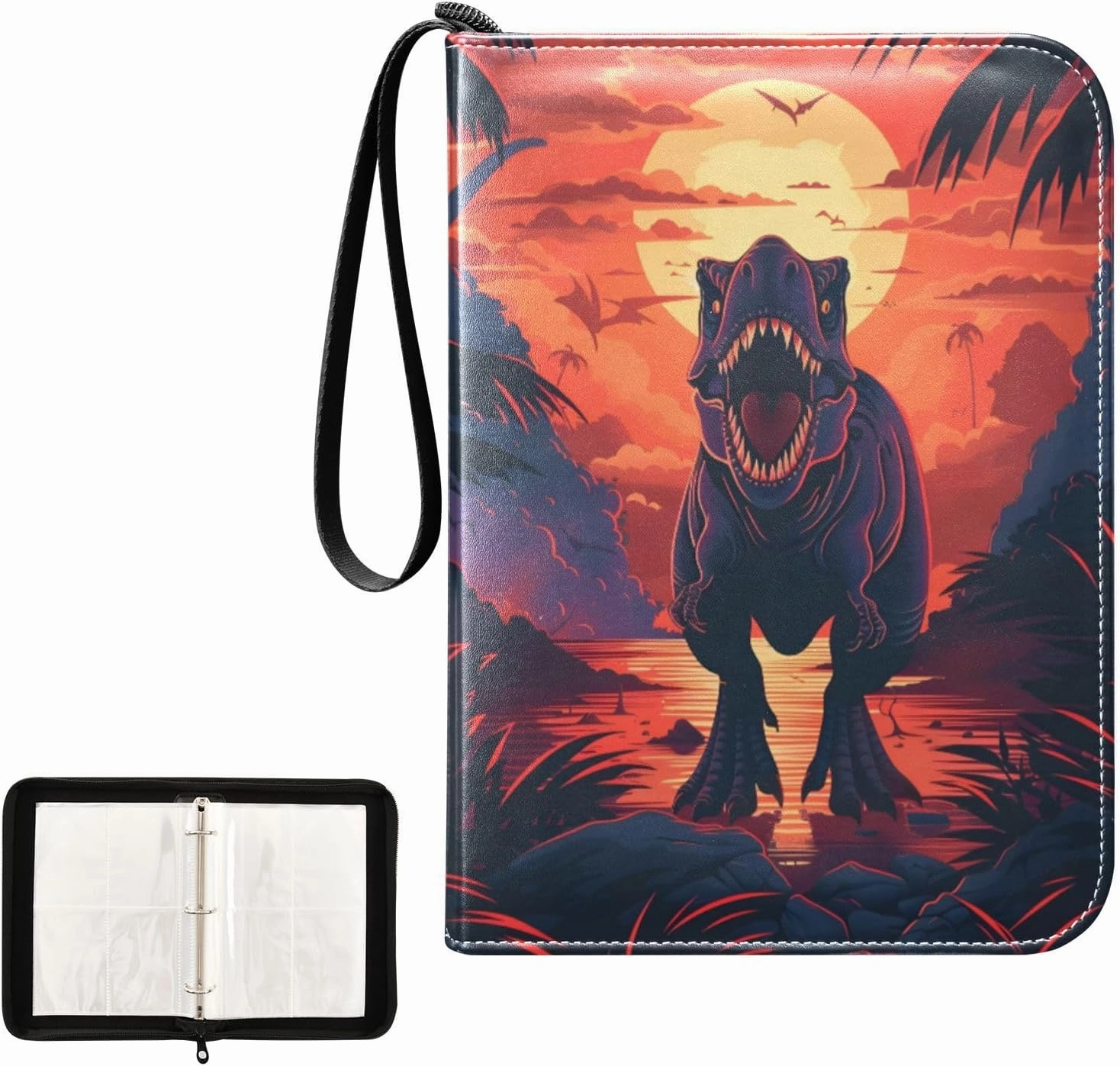 4 Pockets Trading Card Album Holder Book Folder Sports Card Binder Dinosaur Sunset 400 Double Side Pockets for 3 Ring Binder Zipper