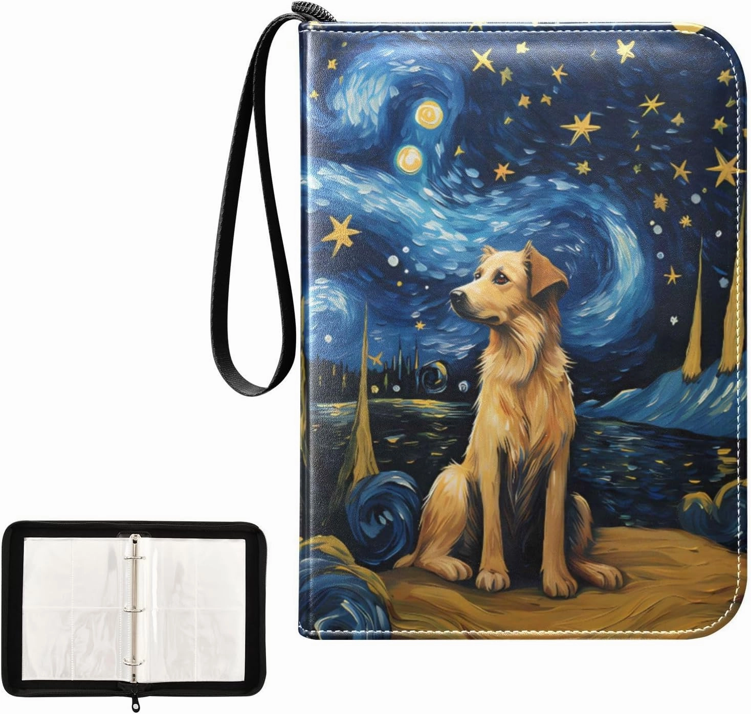 4 Pockets Trading Card Album Holder Book Folder Sports Card Binder Dog Starry Sky 400 Double Side Pockets for 3 Ring Binder Zipper