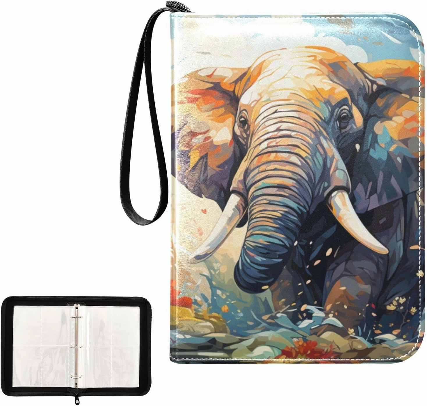 4 Pockets Trading Card Album Holder Book Folder Sports Card Binder Elephant Watercolor 400 Double Side Pockets for 3 Ring Binder Zipper