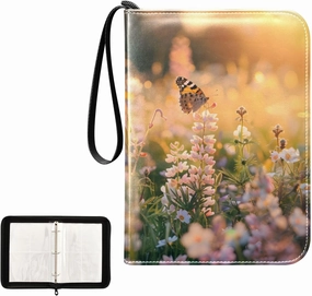 4 Pockets Trading Card Album Holder Book Folder Sports Card Binder Flower Meadow Butterfly 400 Double Side Pockets for 3 Ring Binder Zipper
