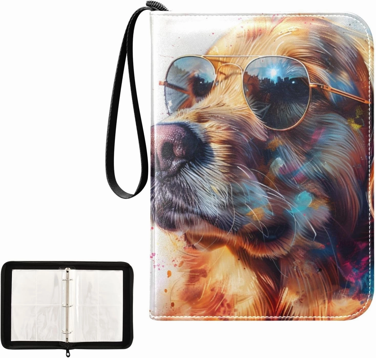 4 Pockets Trading Card Album Holder Book Folder Sports Card Binder Golden Retriever Cool 400 Double Side Pockets for 3 Ring Binder Zipper