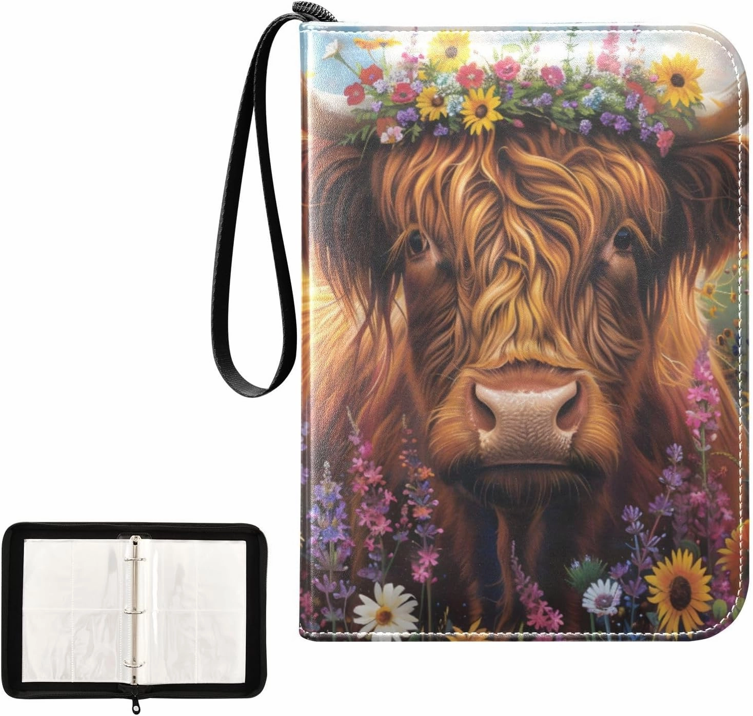 4 Pockets Trading Card Album Holder Book Folder Sports Card Binder Highland Cow Flowers 400 Double Side Pockets for 3 Ring Binder Zipper