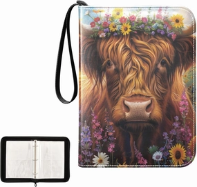 4 Pockets Trading Card Album Holder Book Folder Sports Card Binder Highland Cow Flowers 400 Double Side Pockets for 3 Ring Binder Zipper