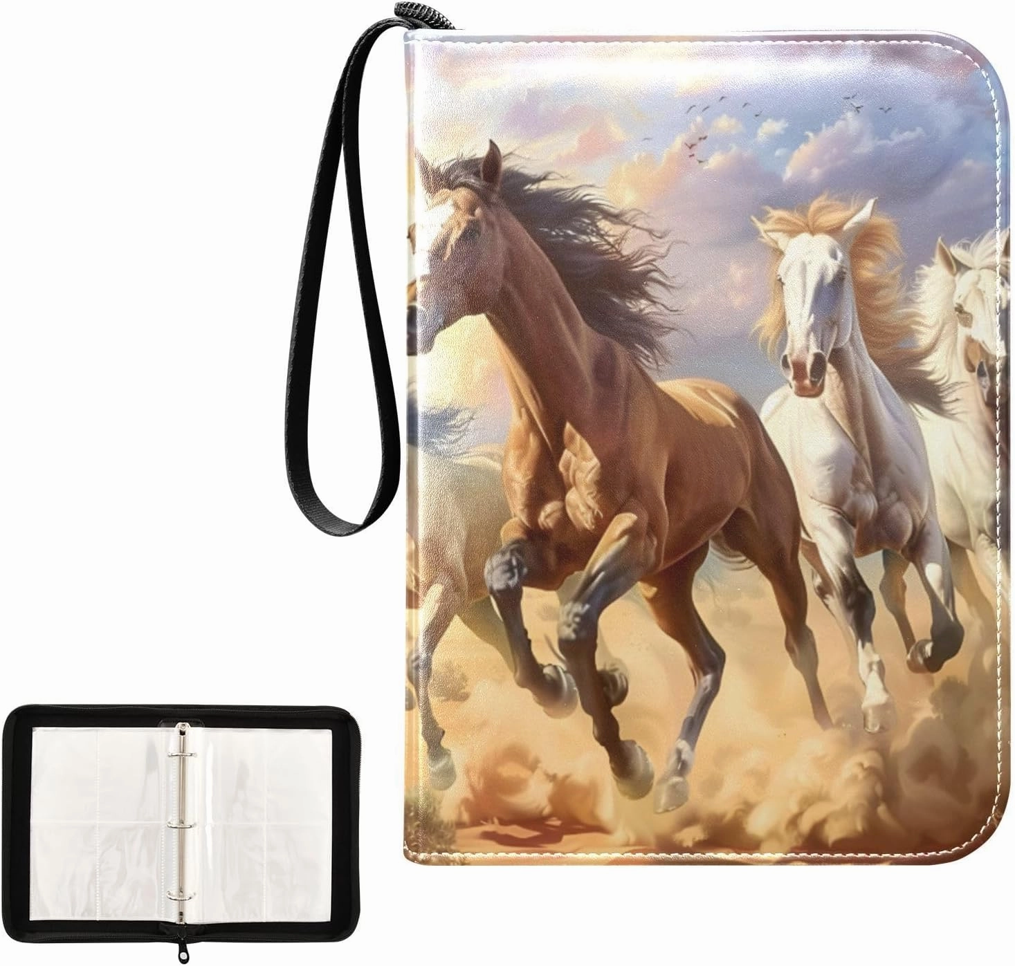 4 Pockets Trading Card Album Holder Book Folder Sports Card Binder Horse Running 400 Double Side Pockets for 3 Ring Binder Zipper