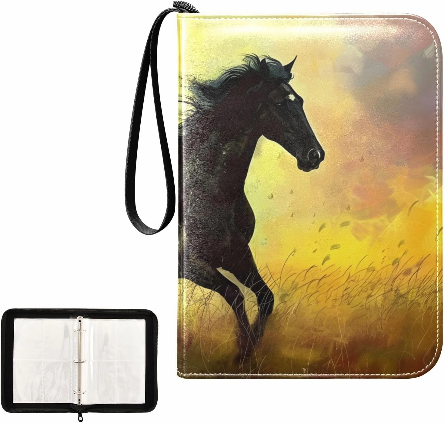 4 Pockets Trading Card Album Holder Book Folder Sports Card Binder Horse Silhouette 400 Double Side Pockets for 3 Ring Binder Zipper