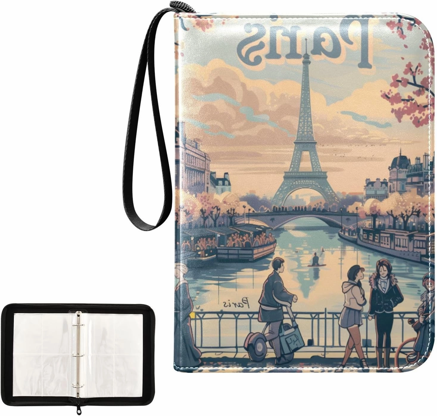 4 Pockets Trading Card Album Holder Book Folder Sports Card Binder Paris Poster 400 Double Side Pockets for 3 Ring Binder Zipper
