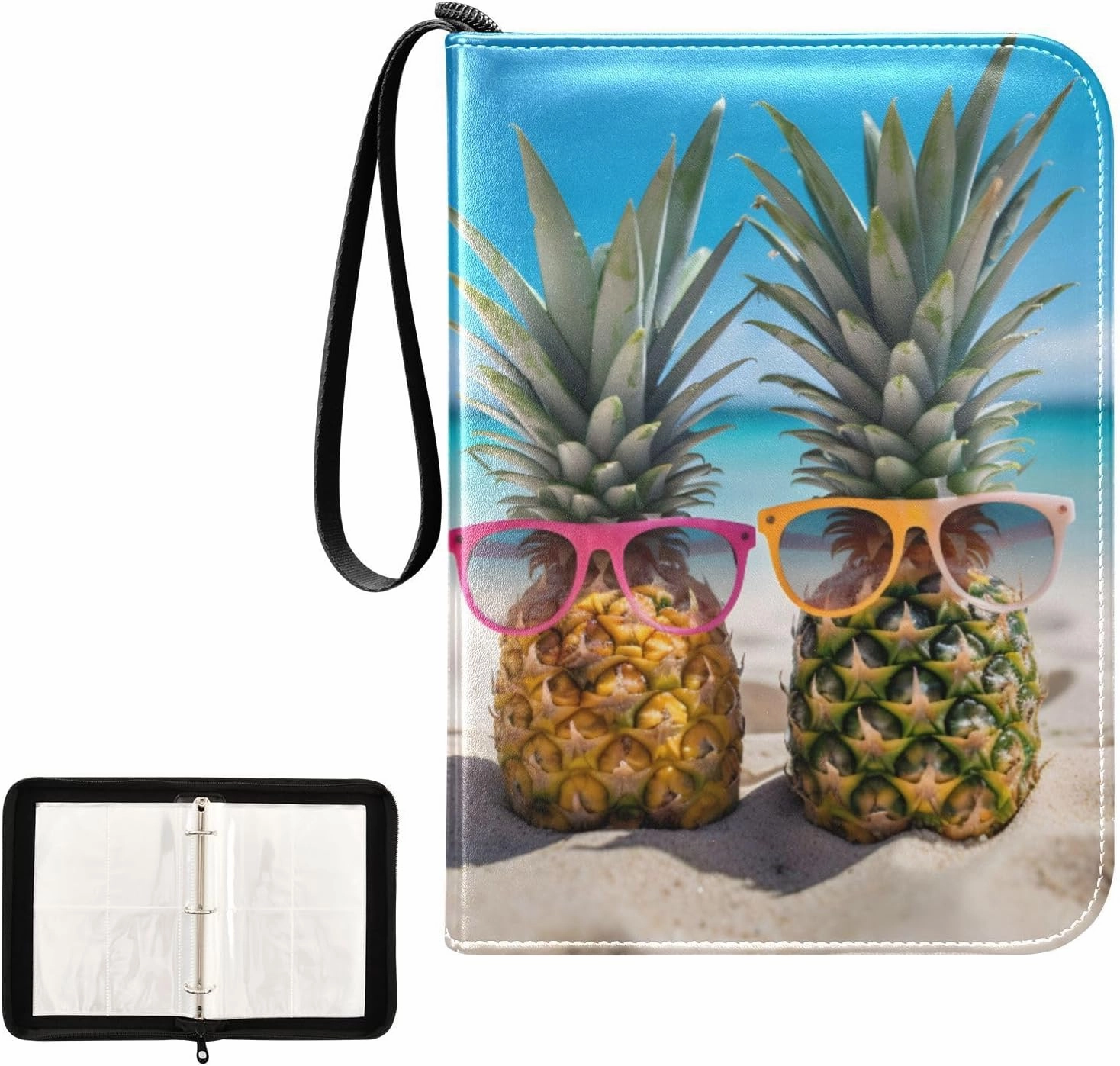 4 Pockets Trading Card Album Holder Book Folder Sports Card Binder Pineapple Glasses 400 Double Side Pockets for 3 Ring Binder Zipper