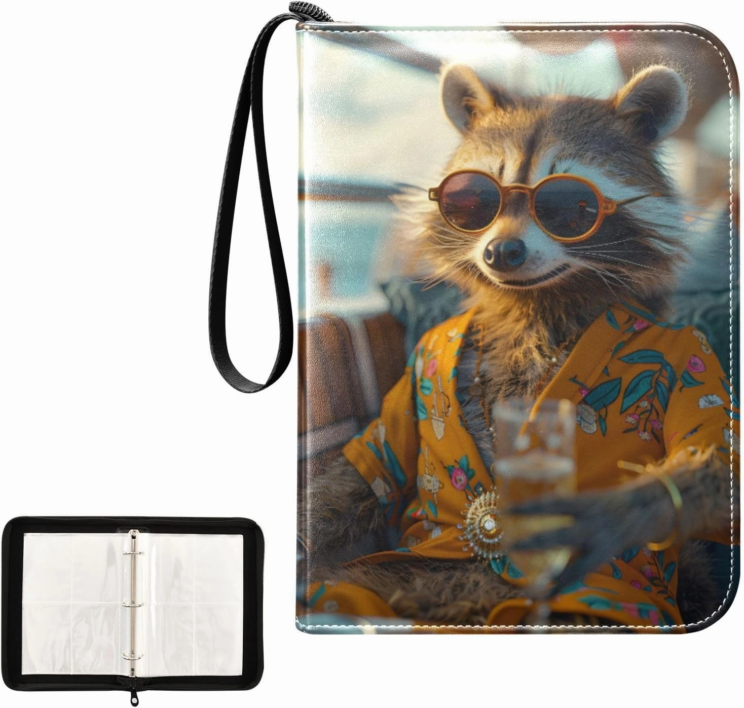 4 Pockets Trading Card Album Holder Book Folder Sports Card Binder Raccoon Drinking 400 Double Side Pockets for 3 Ring Binder Zipper