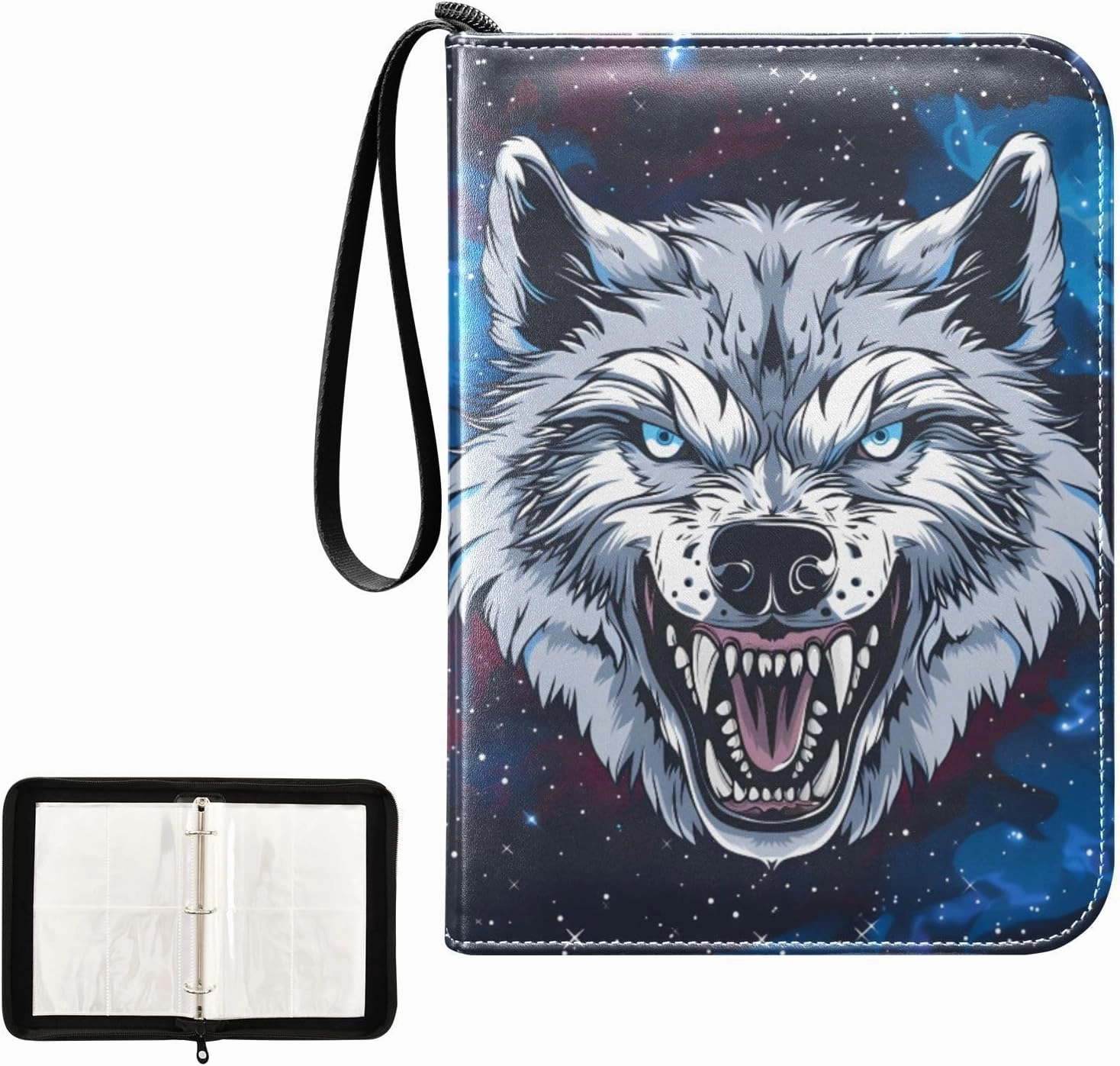 4 Pockets Trading Card Album Holder Book Folder Sports Card Binder Roar Wolf Face 400 Double Side Pockets for 3 Ring Binder Zipper