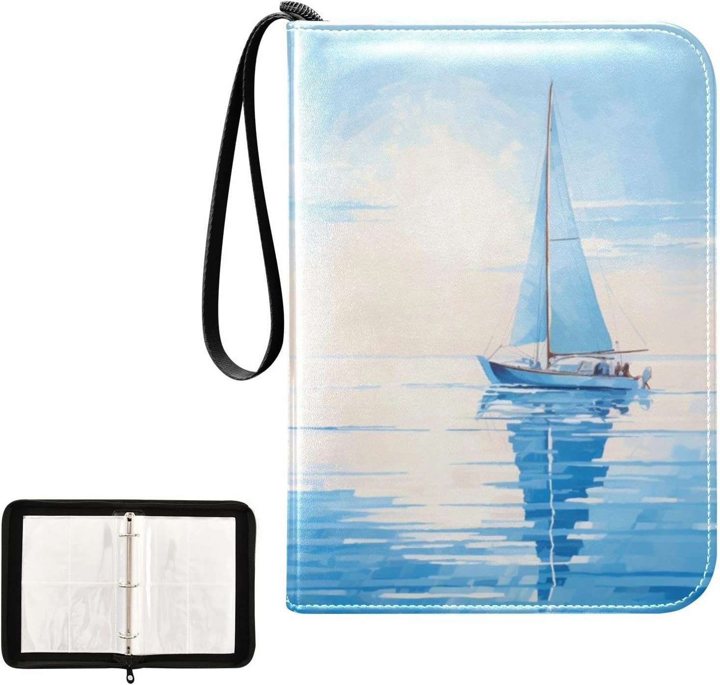 4 Pockets Trading Card Album Holder Book Folder Sports Card Binder Sailboat Blue Ocean 400 Double Side Pockets for 3 Ring Binder Zipper