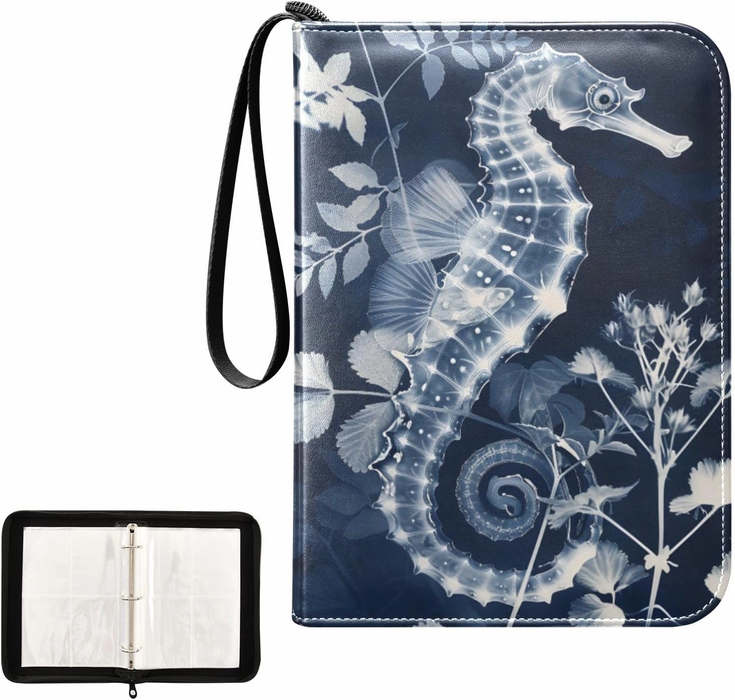 4 Pockets Trading Card Album Holder Book Folder Sports Card Binder Seahorse Navy 400 Double Side Pockets for 3 Ring Binder Zipper
