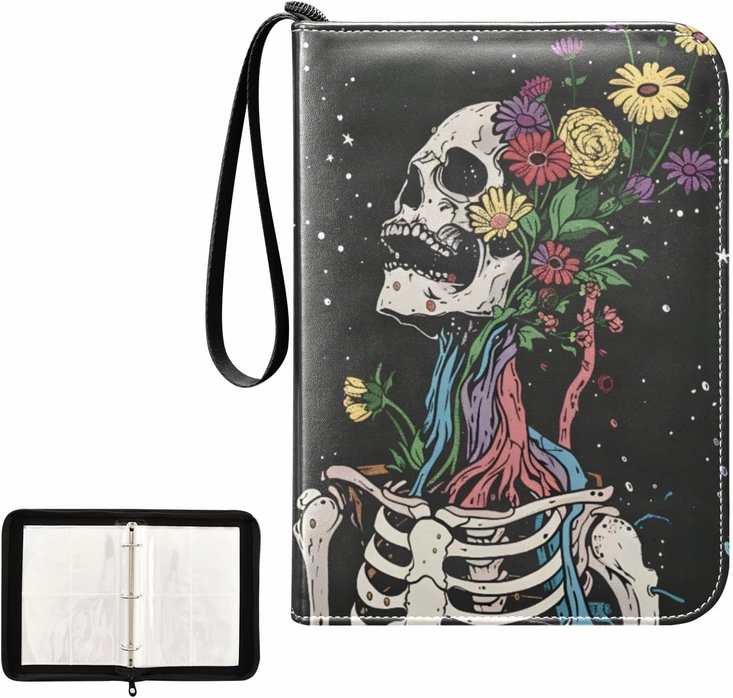 4 Pockets Trading Card Album Holder Book Folder Sports Card Binder Skeleton Flowers 400 Double Side Pockets for 3 Ring Binder Zipper