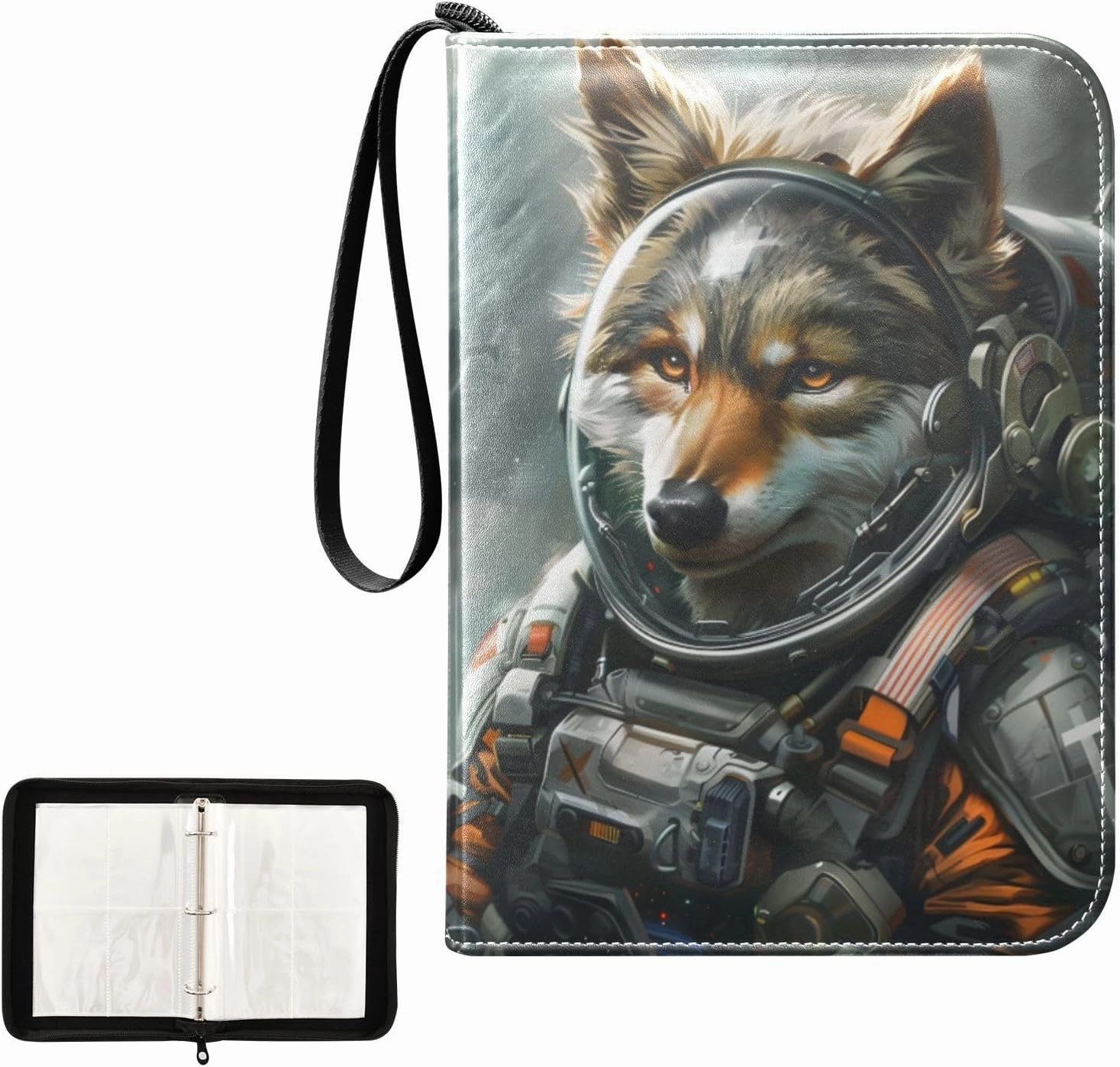4 Pockets Trading Card Album Holder Book Folder Sports Card Binder Space Wolf 400 Double Side Pockets for 3 Ring Binder Zipper