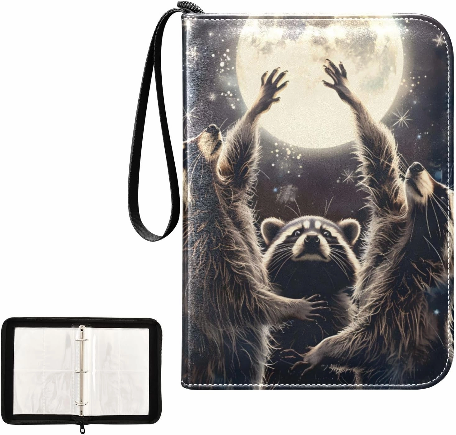 4 Pockets Trading Card Album Holder Book Folder Sports Card Binder Three Raccoons 400 Double Side Pockets for 3 Ring Binder Zipper