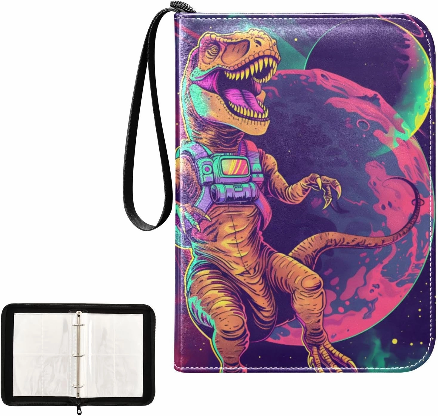 4 Pockets Trading Card Album Holder Book Folder Sports Card Binder Tyrannosaurus Astronauts 400 Double Side Pockets for 3 Ring Binder Zipper