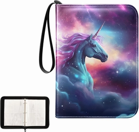 4 Pockets Trading Card Album Holder Book Folder Sports Card Binder Unicorn Galaxy 400 Double Side Pockets for 3 Ring Binder Zipper