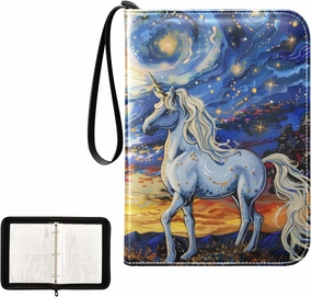 4 Pockets Trading Card Album Holder Book Folder Sports Card Binder Unicorn Starry Sky 400 Double Side Pockets for 3 Ring Binder Zipper