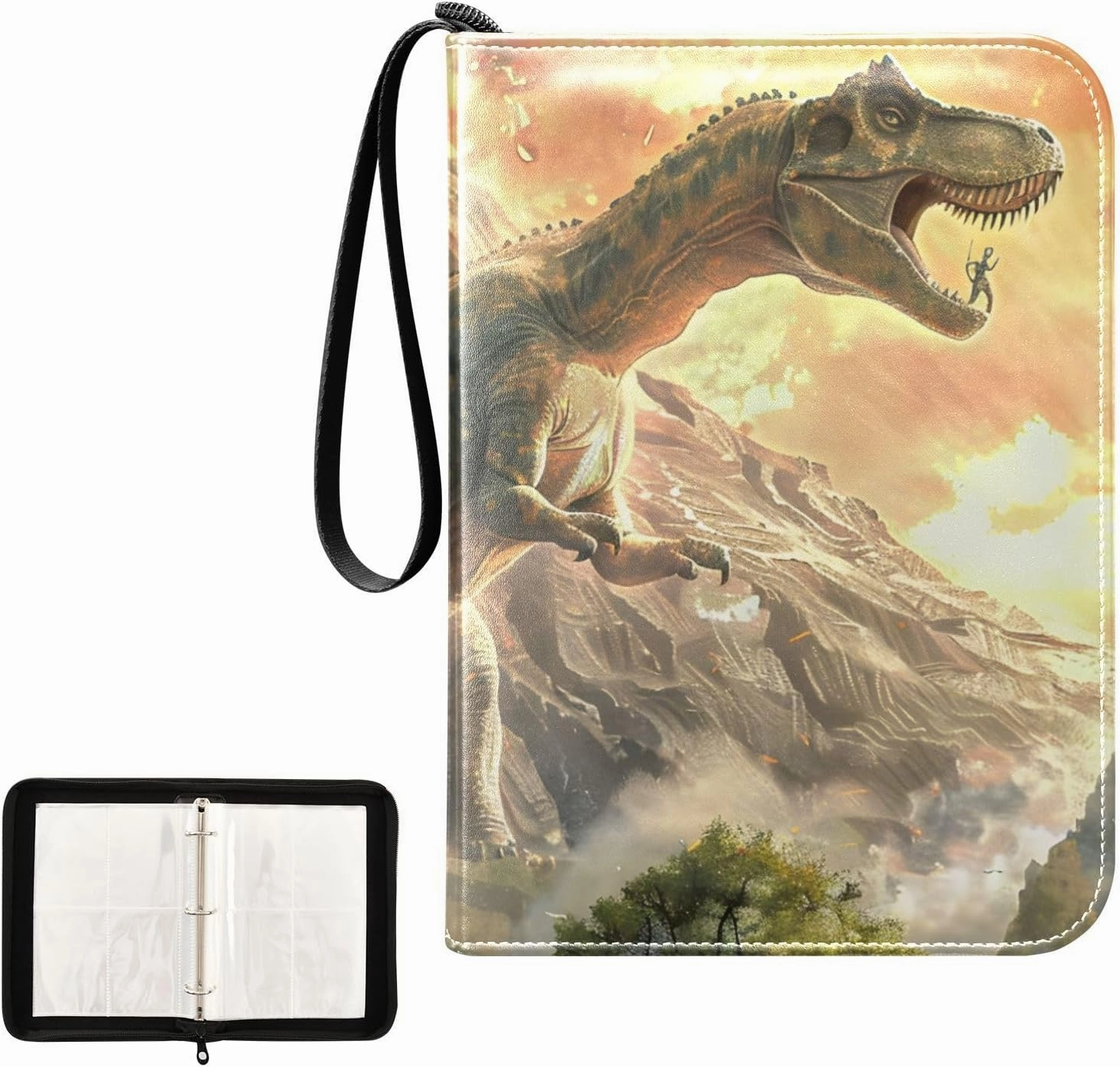 4 Pockets Trading Card Album Holder Book Folder Sports Card Binder Volcano Dinosaur 400 Double Side Pockets for 3 Ring Binder Zipper