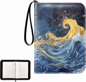 4 Pockets Trading Card Album Holder Book Folder Sports Card Binder Wave Art Painting 400 Double Side Pockets for 3 Ring Binder Zipper