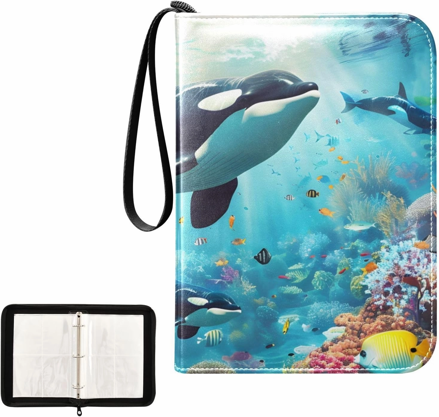 4 Pockets Trading Card Album Holder Book Folder Sports Card Binder Whales Family 400 Double Side Pockets for 3 Ring Binder Zipper