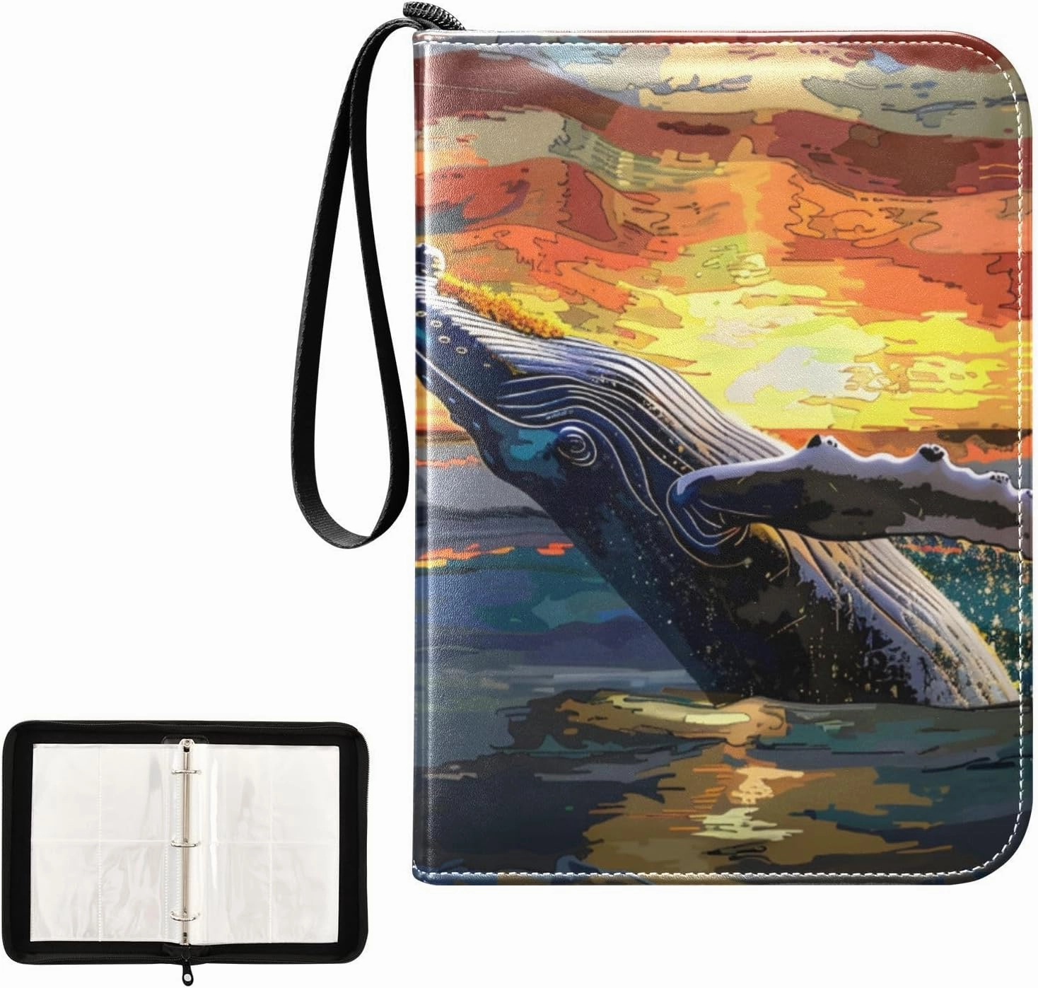 4 Pockets Trading Card Album Holder Book Folder Sports Card Binder Whales Sunsets Flag 400 Double Side Pockets for 3 Ring Binder Zipper