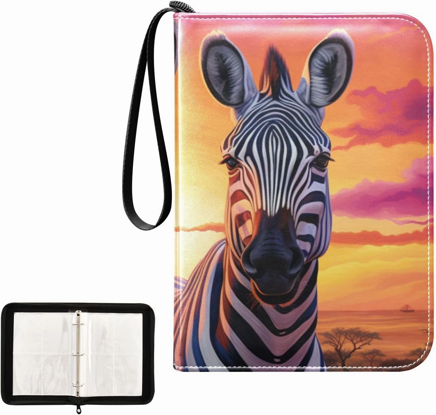 4 Pockets Trading Card Album Holder Book Folder Sports Card Binder Zebra Sunset 400 Double Side Pockets for 3 Ring Binder Zipper
