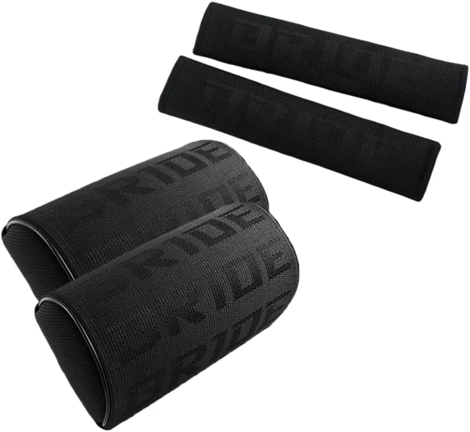 4PCS JDM Bride Racing Gradation for Car Seat Neck Rest Headrest Pillow with Seat Belt Cover Combo, Fabric Bucket seat Material (Black)