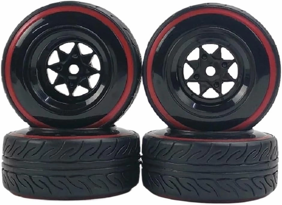 4pcs 9mm Offset 1/10 Scale Plastic Wheel Rim with 12mm Nut and Soft Insert Tire Compatible with RC Car Drift and On Road Touring Models