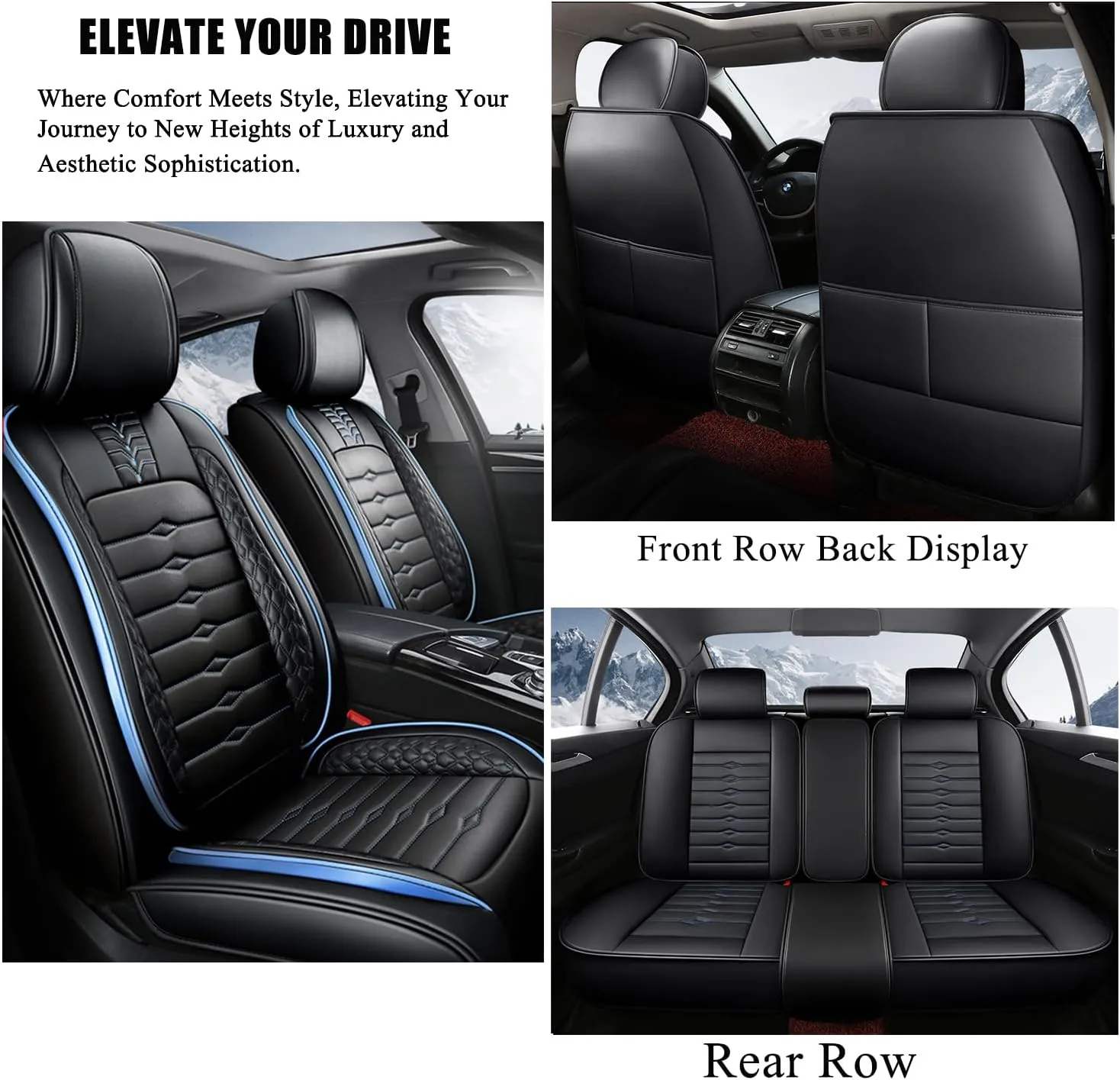 5 Seat Covers for Hyundai Elantra 2002-2024 Napa Leather Seat Covers Water and Dust Resistant Soft Car Seat Protectors Comfortable Car Seat Covers with Airbags (Black Blue Bars, Luxury)