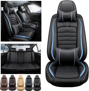 5 Seat Covers for Hyundai Elantra 2002-2024 Napa Leather Seat Covers Water and Dust Resistant Soft Car Seat Protectors Comfortable Car Seat Covers with Airbags (Black Blue Bars, Luxury)