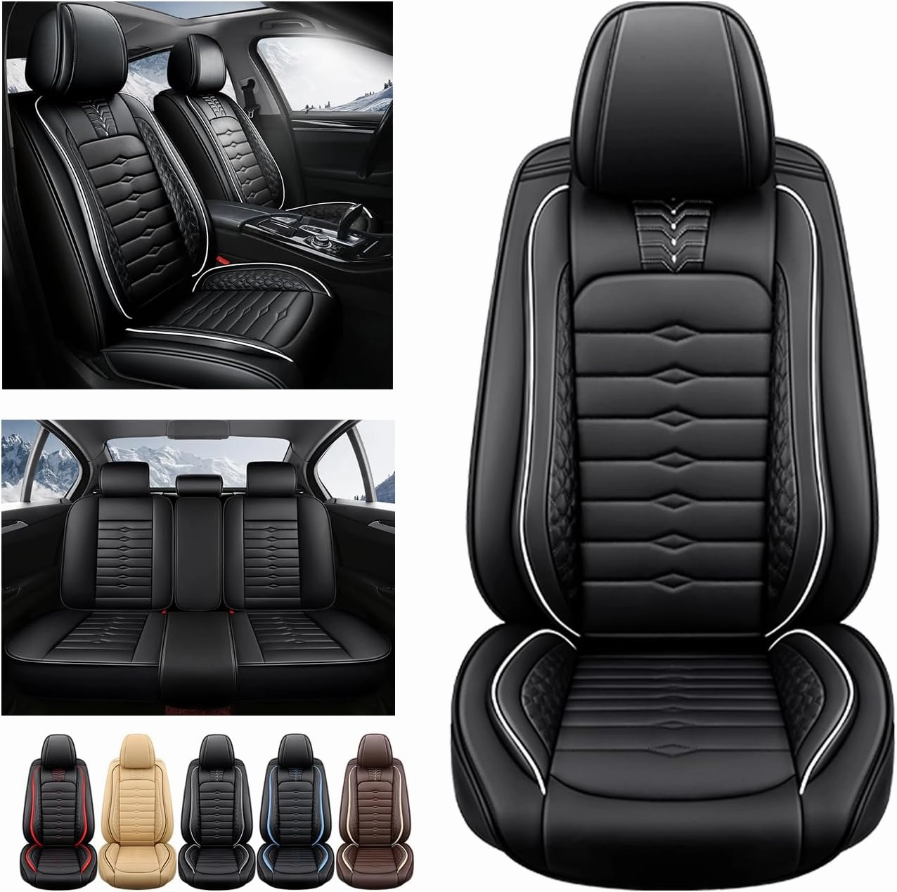 5 Seat Covers for Genesis GV80 2021-2025 Napa Leather Seat Covers Water and Dust Resistant Soft Car Seat Protectors Comfortable Car Seat Covers with Airbags (Black White Bars, Standard)