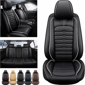 5 Seat Covers for Genesis GV80 2021-2025 Napa Leather Seat Covers Water and Dust Resistant Soft Car Seat Protectors Comfortable Car Seat Covers with Airbags (Black White Bars, Standard)