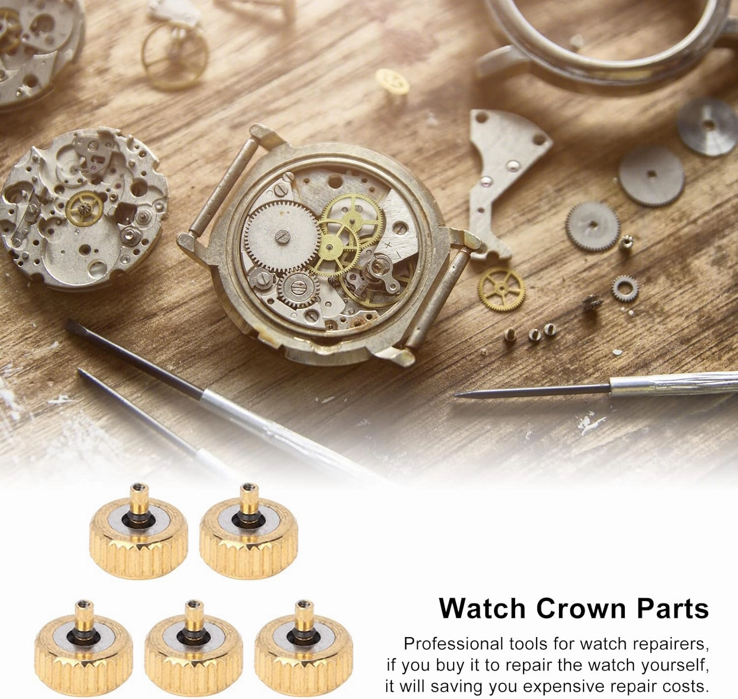 5pcs Golden Steel Watch Crown Parts, Sturdy Watch Accessory for Quartz Mechanical Watches, Professional Repair Tools to Save Expensive Repair Costs