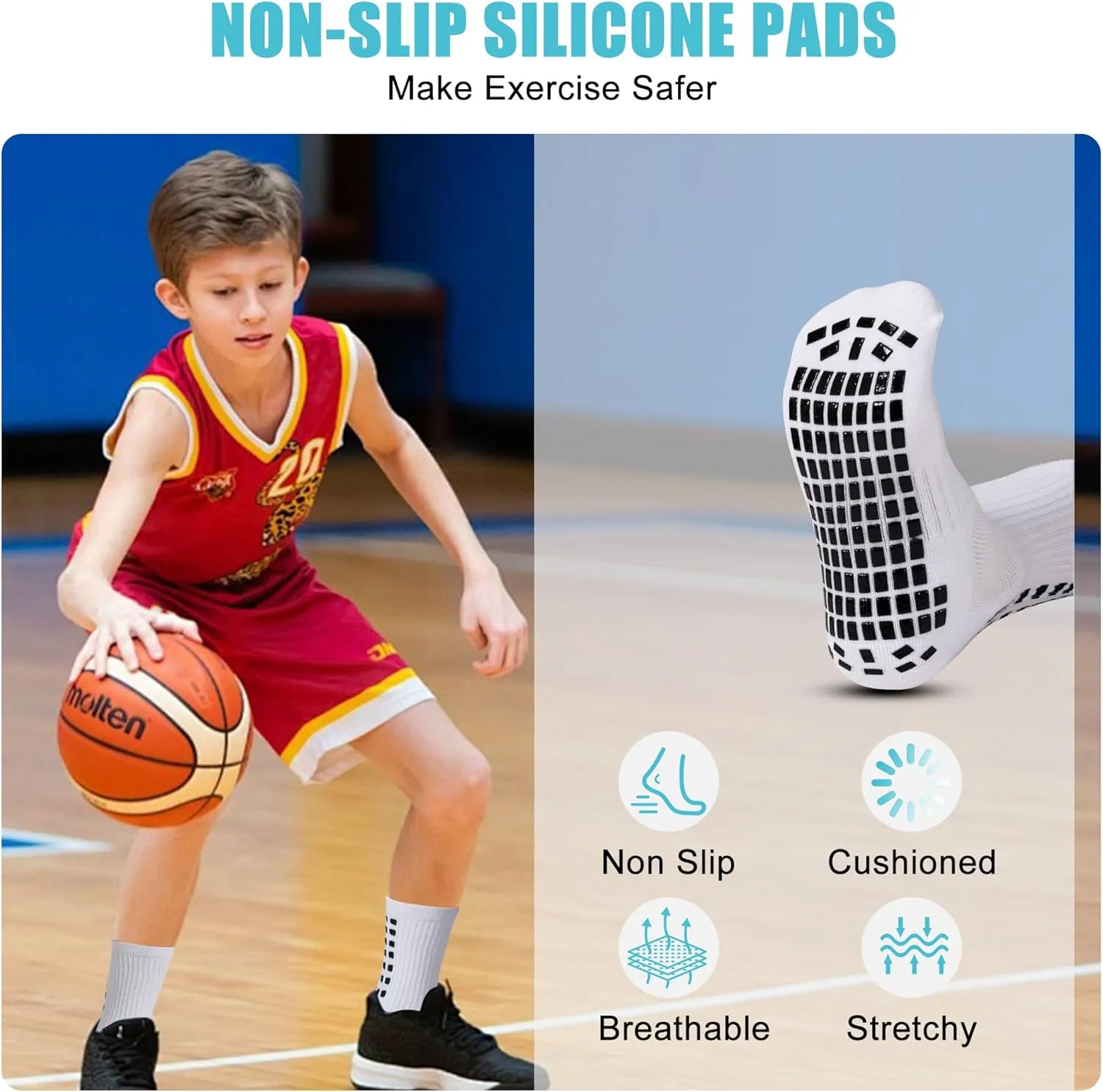 6 Pairs Kids Grip Soccer Socks Cushioned Non Slip Football Athletic Sports Socks for Boys Girls