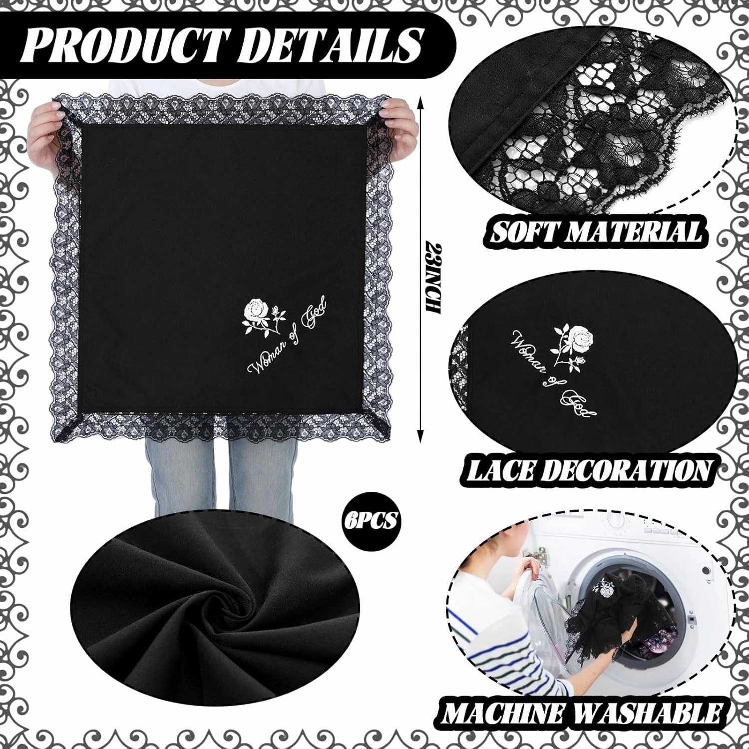 6 Pack 23'' Lap Scarf for Women Church with Lace Christian Satin Handkerchief for Funeral Church Group Skirts
