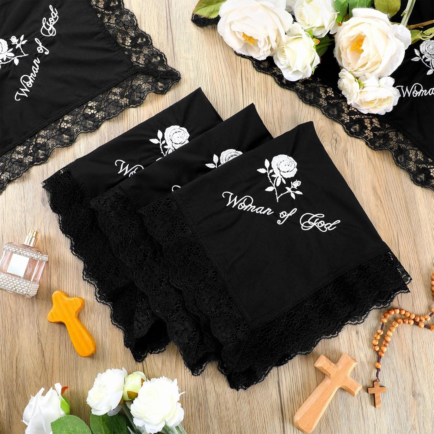 6 Pack 23'' Lap Scarf for Women Church with Lace Christian Satin Handkerchief for Funeral Church Group Skirts