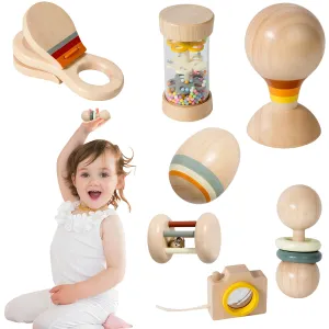 7 PCS Wooden Baby Toys Set - Montessori-Inspired Musical Instruments for 0-12 Month，Montessori Toys for Babies，Toddler Hand Wooden Rattles Toy Set for Infant Grasping with Storage Bag