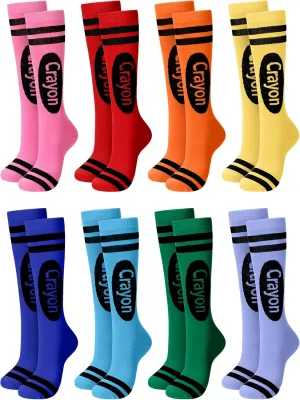 8 Pairs Crayon Socks Colorful Striped Thigh High Stockings Neon Knee Socks for Women Girls Halloween Costume Party Accessories