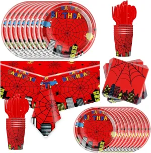 81Pcs Cartoon Spider Birthday Party Supplies,Red Spider Set Tableware Plates Napkins Cups Knives Spoons Forks