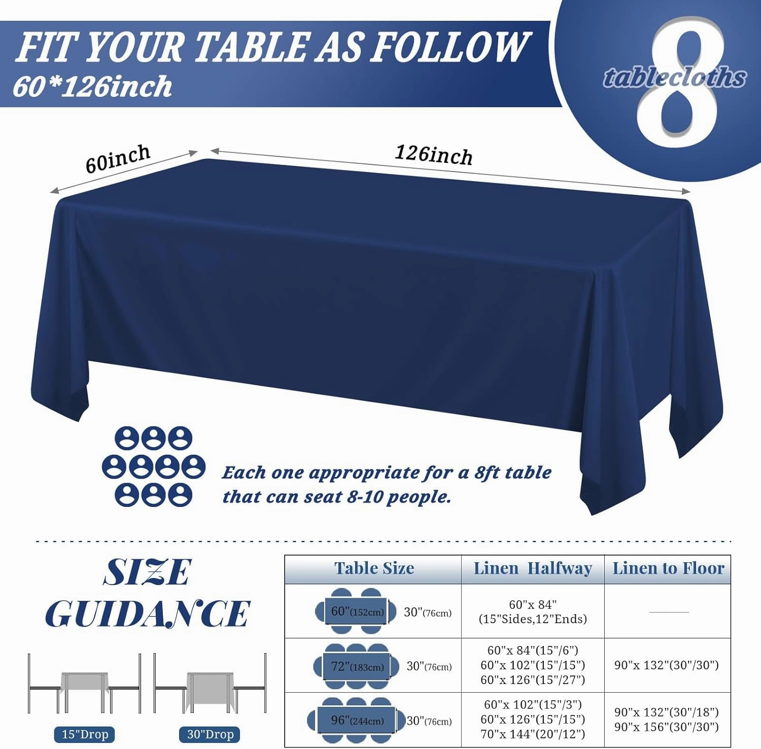 8 Pack 60 x 126 Inch Rectangle Tablecloth, Navy Blue Tablecloth for 8 Feet Rectangle Tables, Stain and Wrinkle Resistant Washable Fabric Table Cloth for Wedding Dining Table Buffet Parties Camping