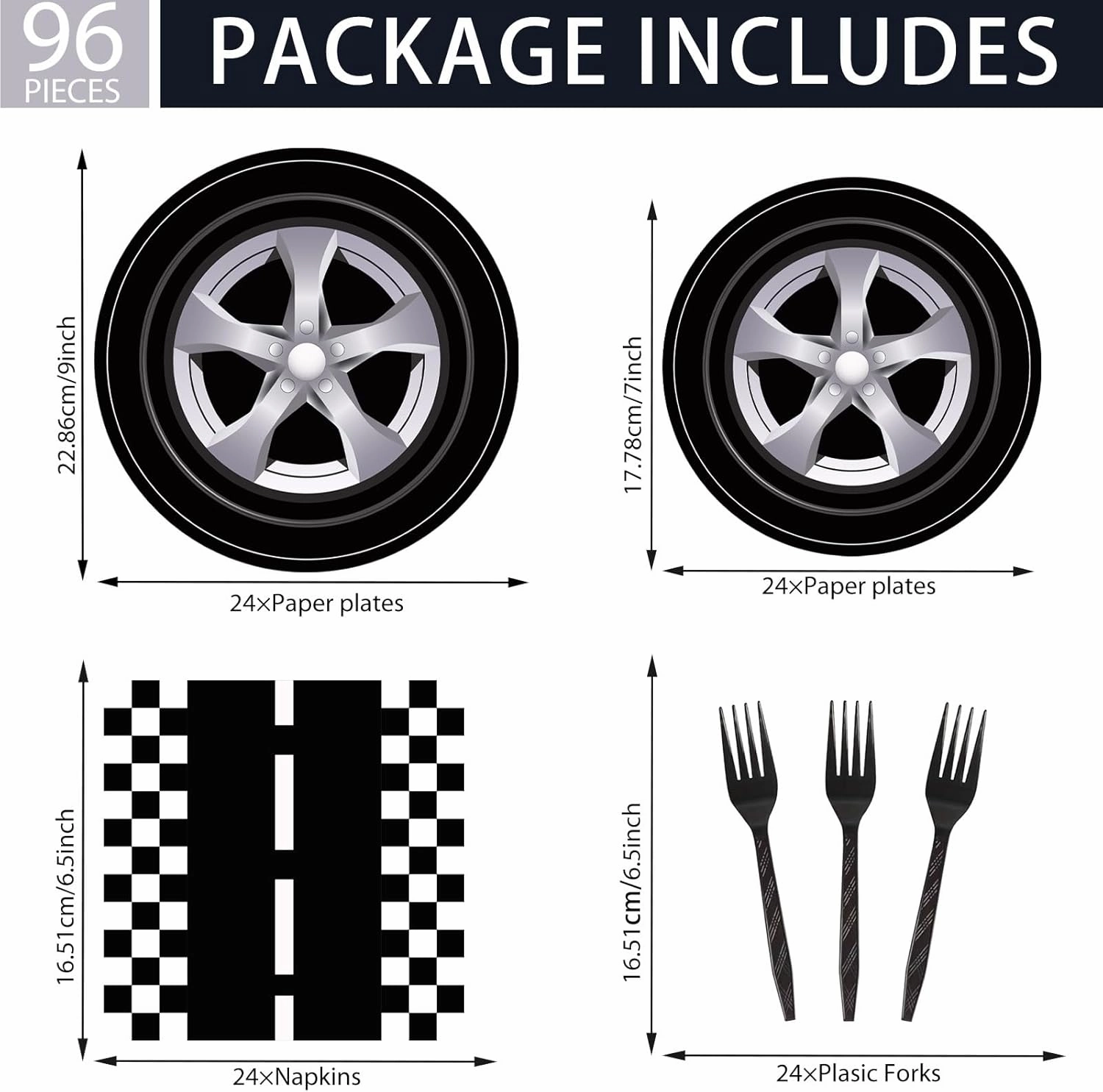 96 Pcs Race Car Party Plates and Napkins Set Include Wheels Track Napkins Black Forks, Disposable Racing Themed Birthday Dinnerware for Boys Birthday Decorations, Serves 24